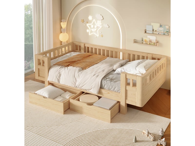  Lit plateforme 90x200 cm en bois massif naturel avec haut garde-corps et deux grands tiroirs intégrés  - Conforama E