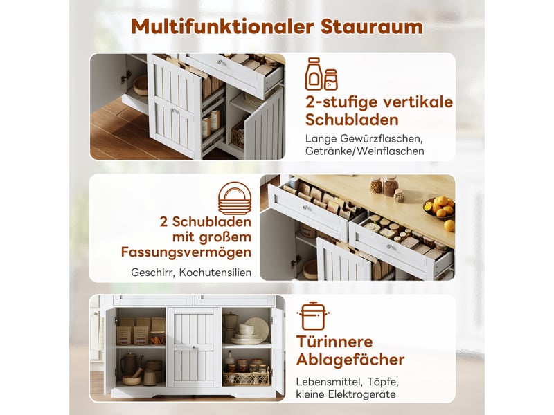  Îlot de cuisine mobile 120 × 4570 × 92 cm en mdf, plateau rabattable, 4 tiroirs, rangements verticaux et roulettes freinées  - Conforama D