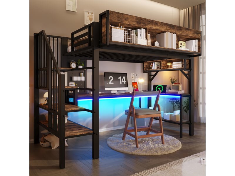  Lit mezzanine enfant 90x200 cm brunnoir avec bureau d’angle, escalier rangement, led et usb-c Fay Lum - Conforama B