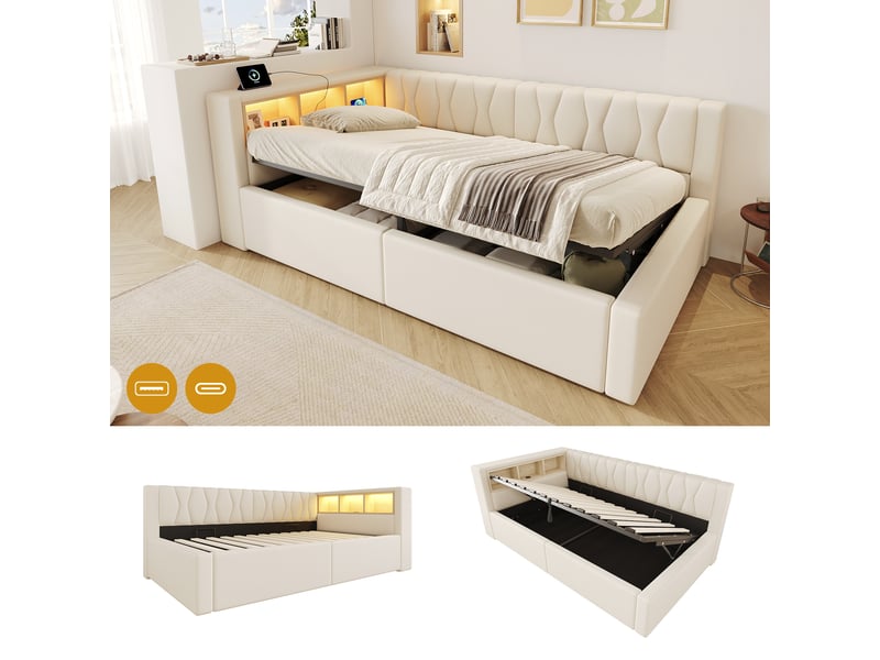  Lit superposé 90x200 cm, lit enfant, couchage d'appoint, rangement hydraulique, étagères, led, port usb, lin beige  - Conforama A