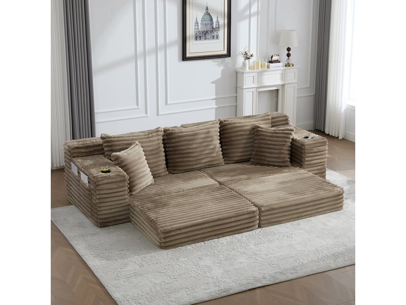  Canapé convertible 4 places en velours côtelé kaki, 273 x 98 x 87 cm, porte-gobelets, poches latérales, livré compressé, agencement modulable CARDUME ESTIVAL - Conforama D
