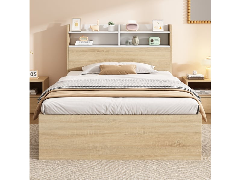 Lit 1 place 90x200 cm avec matelas, 2 tiroirs, niches de rangement, sommier à lattes, bois, blanc et chêne - Conforama D