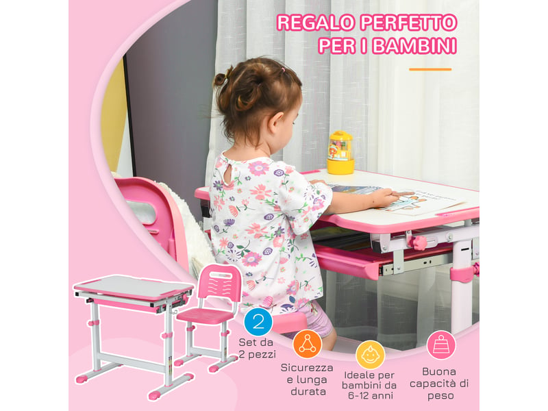  Bureau enfant 6-12 ans avec chaise et hauteur réglable, plateau inclinable, 66 x 47 x 52-77 cm, rose  - Conforama E