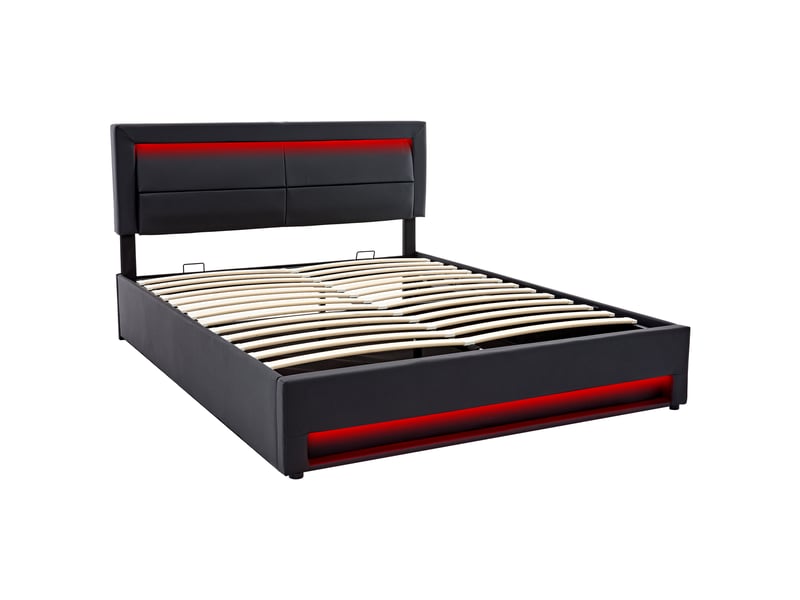 Lit rembourré 140 x 200 cm avec rangement sous le lit, éclairage led, ports usb et recharge sans fil, revêtement pu gris Fay Lum - Conforama W