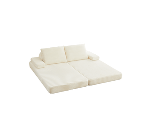 Canapé beige convertible modulable 211 cm en velours côtelé, 2 dossiers triangulaires mobiles, 2 accoudoirs am ovibles, 2 coussins, couchage d’appoint beige