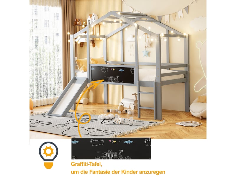  Lit mezzanine enfant simple 90×200 cm avec toboggan, échelle et tableau  - sans matelas bois massif gris  - Conforama E