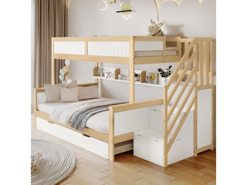  Lit superposé 90x200 cm, lit enfant avec lit gigogne, barrière et armoire, en bois, blanc, sans matelas  - Conforama B