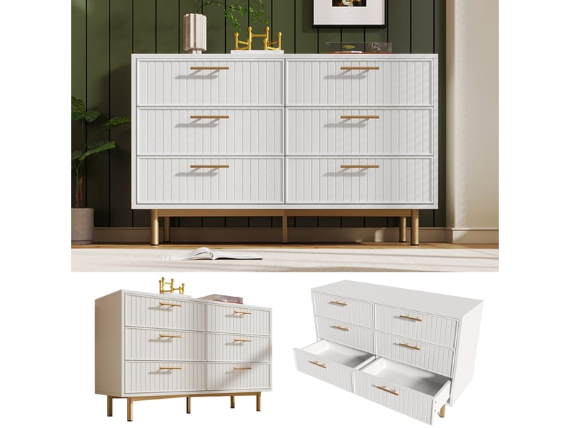  Buffet de rangement 120x40x75 cm, 6 tiroirs, façades cannelées, pieds métal, grand rangement pour salon et salle à manger - blanc AB20875152W - Conforama B