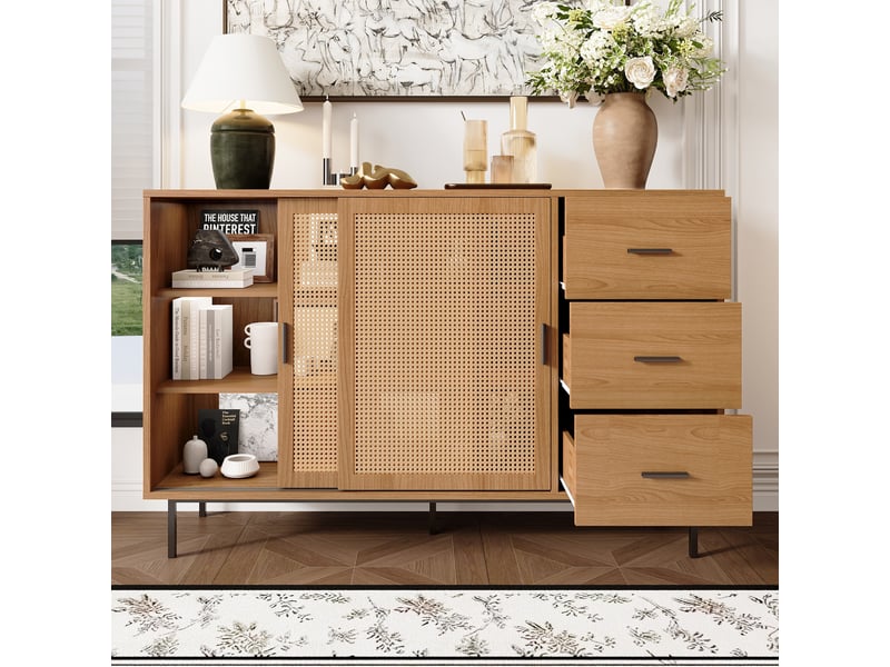 Buffet avec 2 portes coulissantes, 3 tiroirs et 3 étagères, rangement en panneaux de particules, 140×37×91 cm naturel - Conforama C