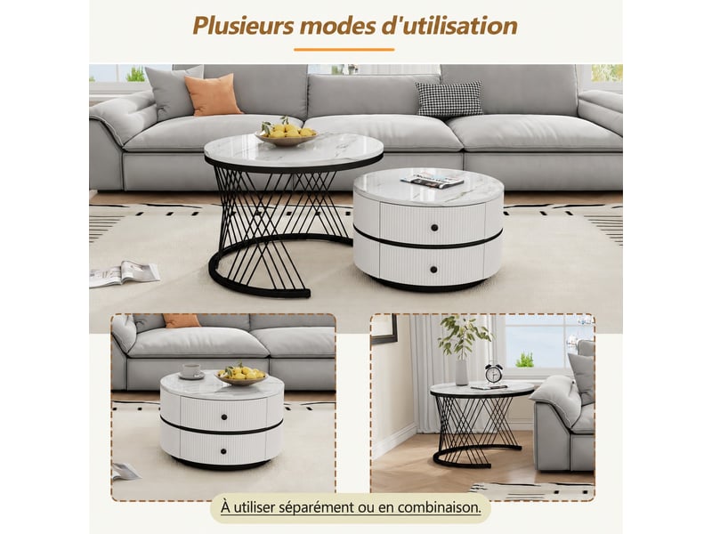  Tables basses gigognes lot de 2, 60 et 50 cm, 2 tiroirs, effet marbre haute brillance, salon, blanc  - Conforama D