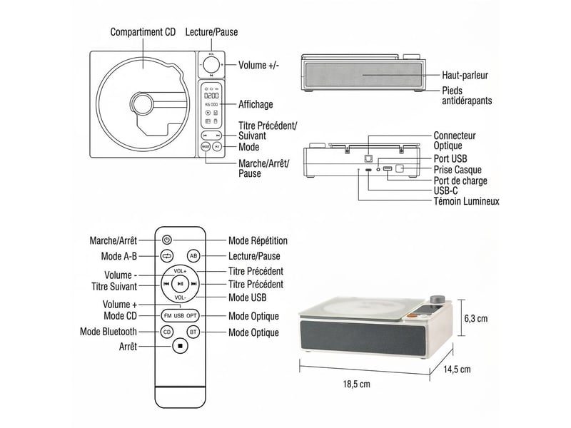 Lecteur cd portable bluetooth 5.1 avec batterie 4000 mah – platine cd stéréo avec sortie optique, port usb, sortie casque jack 3,5 mm, écran led et télécommande – noir - Conforama E