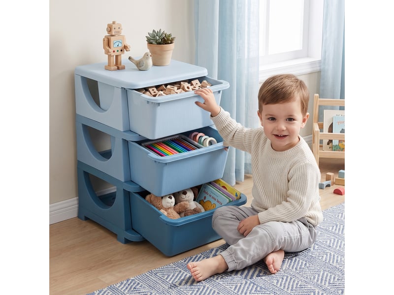  Organisateur de jouets pour enfants avec tiroirs à 3 niveaux, boîtes de rangement en plastique, 37 x 37 x 56,5 cm, bleu  - Conforama B