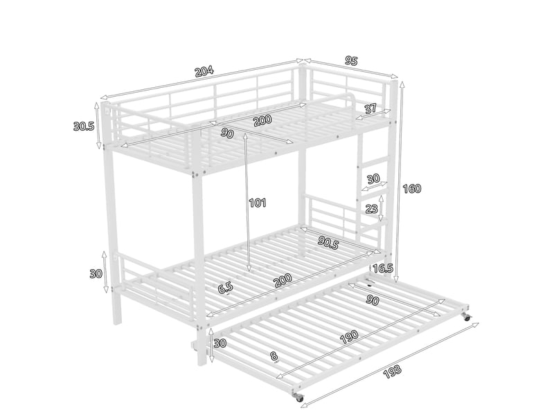  Lit superposé 90x200 cm et 90x190 cm, lit gigogne pour enfants et adolescents, structure solide en acier, en métal, blanc  - Conforama E