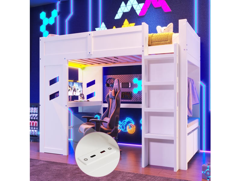  Lit mezzanine 90x200 cm avec bureau, éclairage led, tiroirs et échelle blanc  - Conforama D
