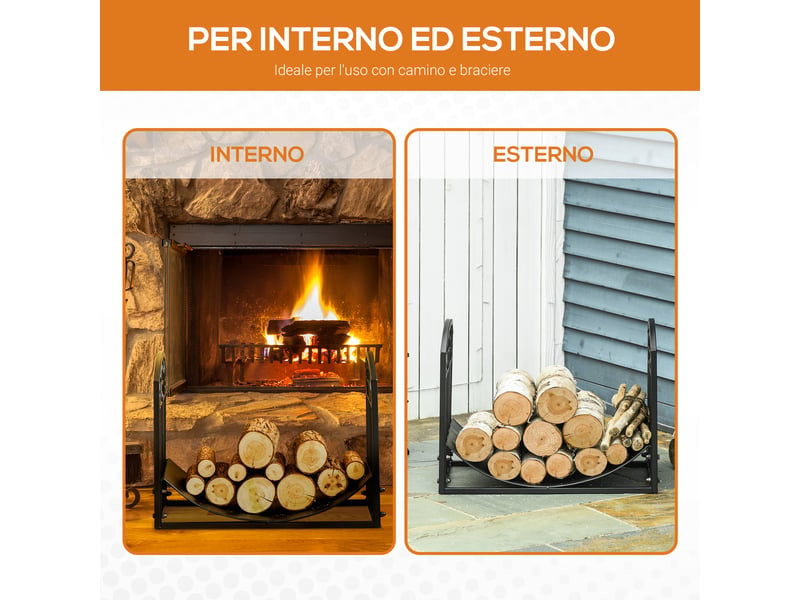  Porte-bûches intérieur et extérieur en métal noir, étagère incurvée, capacité 60 kg  - Conforama W