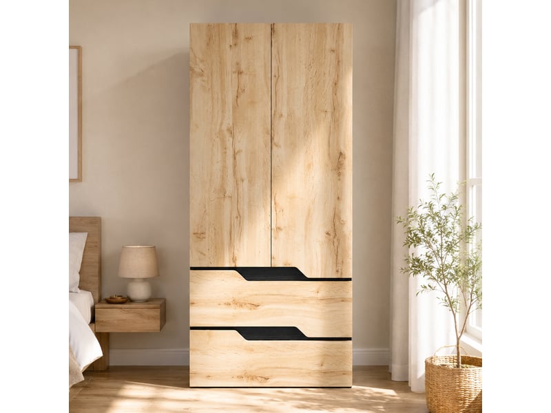  Armoire penderie 90x50x200 cm tiroirs tringles penderie mdf meuble de rangement décor chêne avec accents noirs OPULERANE TRADING LTD - Conforama B