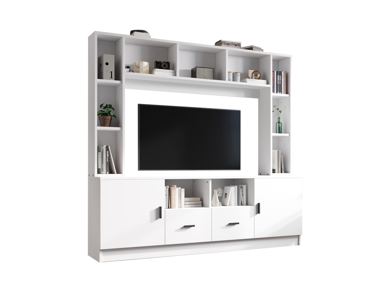  Ensemble mural tv blanc 180 x 35 x 170 cm avec 2 placards et 2 tiroirs  - Conforama A