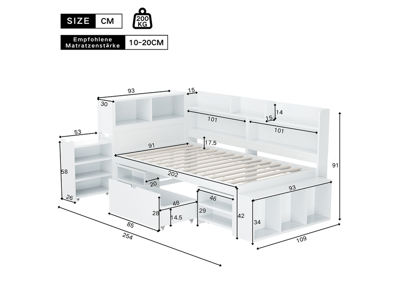  Lit enfant 90x200 cm, lit simple avec tiroirs et étagères de rangement, cadre de lit avec tables de chevet, sommier à lattes, blanc  - Conforama E