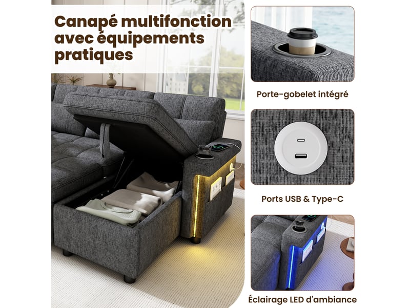 Canapé d’angle convertible en u 4 places 268,5 cm, 2 méridiennes avec coffre, dossier réglable 3 positions, led, usb et usb-c, chenille gris Radiant Stride - Conforama E