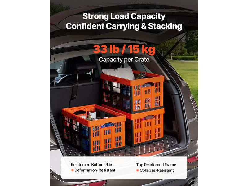  Vevor caisse plastique pliable 45 l lot de 6, cagette pliable avec poignees, charge max. 15 kg par caisse, bac de rangement empilable pour maison, voiture, camping et courses, en pp, orange et noir  - Conforama C