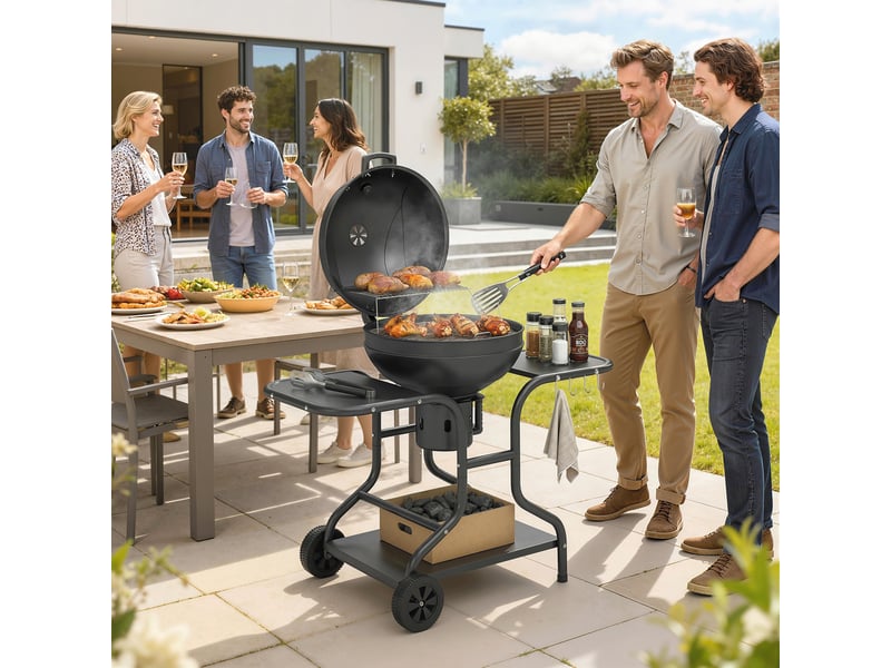  Barbecue fumoir à charbon de bois avec tablettes latérales, couvercle, thermomètre et roulettes, 129 x 63,5 x 106,5 cm  - Conforama D