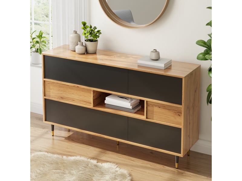  Buffet 140x40x84,5 cm, meuble entrée salon avec 2 tiroirs, 2 portes latérales et étagère  - Conforama R
