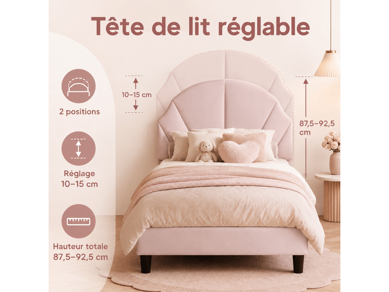 Lit simple enfant 90x200 cm - lit rembourré - tête de lit réglable - 1 personne - lit plat - lit fille 90x200cm en velours - lit rembourre avec sommier à lattes en bois - tête de lit réglable en hauteur - cadre de lit enfant - e… - Conforama W