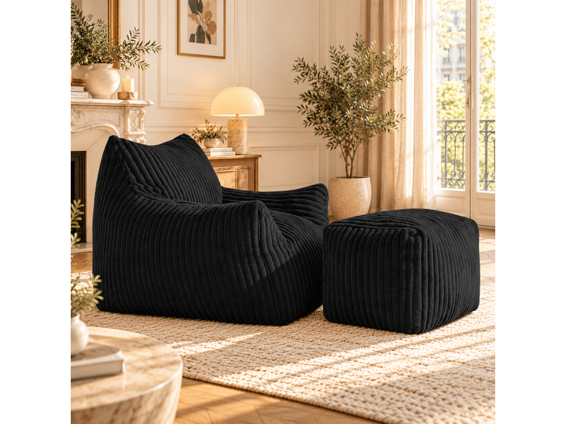 Fauteuil lounge avec pouf repose-pieds assorti 103 x 90 x 70 cm, tissu côtelé effet flanelle, mousse haute résilience - gris anthracite - Conforama C