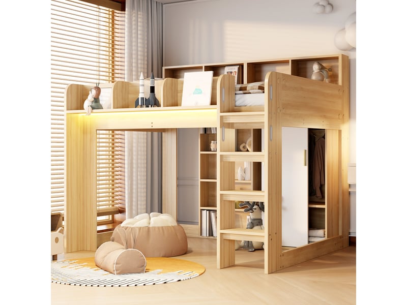  Lit mezzanine 140 × 200 cm – avec penderie - meuble de rangement et compartiments de rangement – ​​avec éclairage led – naturel (matelas non inclus)  - Conforama D