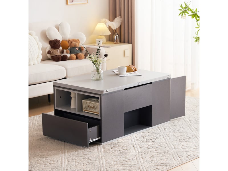  Table basse multifonctionnelle relevable - plateau dépliable pour former 2 tables, gris foncé + gris clair, grande capacité, meuble de salon moderne, table d'appointtable de salle à mangerbureau  - Conforama D