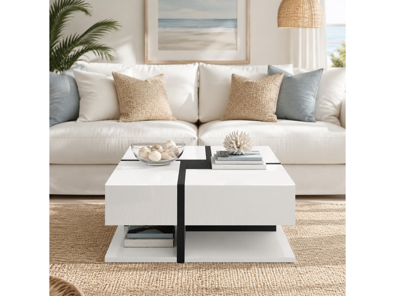 Table basse carrée 78x78x36 cm avec 4 tiroirs, blanc et noir brillant - Conforama C