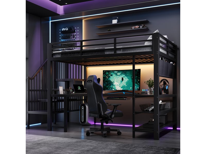 Lit mezzanine modenvie gaming 120 x 200 cm avec bureau en u led et escalier noir  - Conforama D