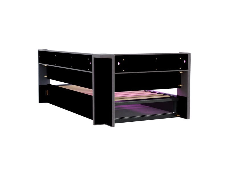  Lit banquette simple 200x90 cm en velours avec coffre hydraulique, prises usb, led et étagères, sans matelas, gris  - Conforama E