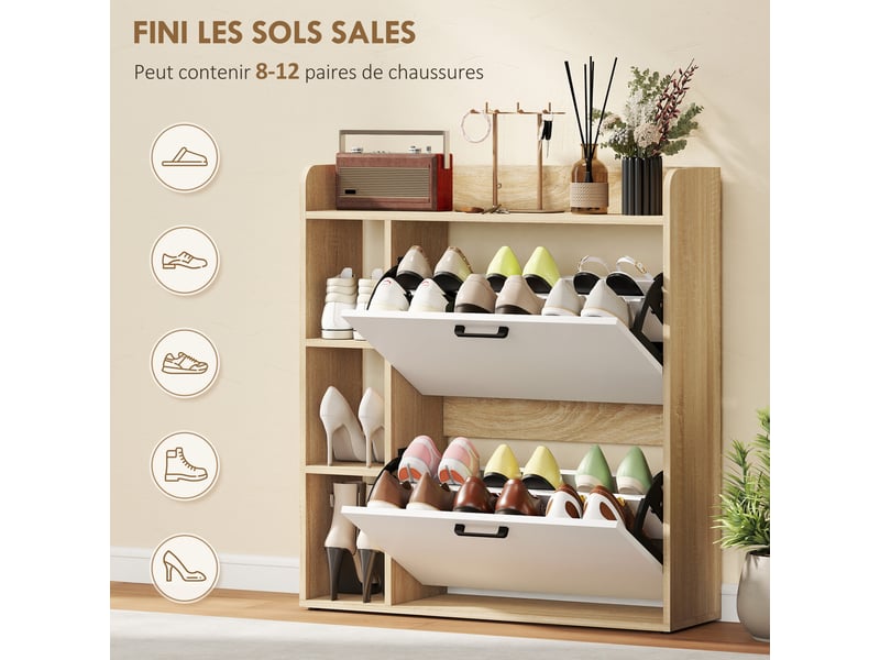 Meuble à chaussures 15 paires, armoire à chaussures moderne avec 2 tiroirs rabattables, 83x24x90,5cm, effet bois naturel - Conforama E