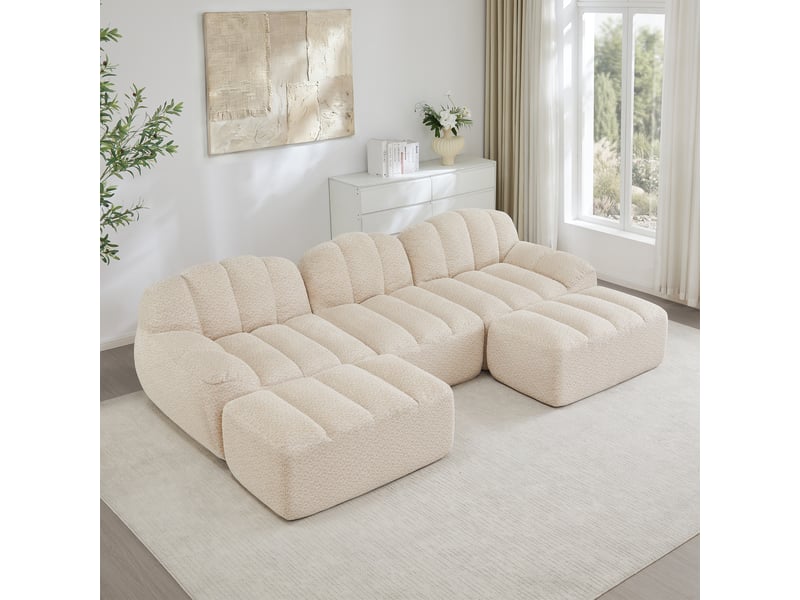  Canapé d'angle modulaire 3 places avec ottomans, assise profonde, en tissu beige blanc  - Conforama B