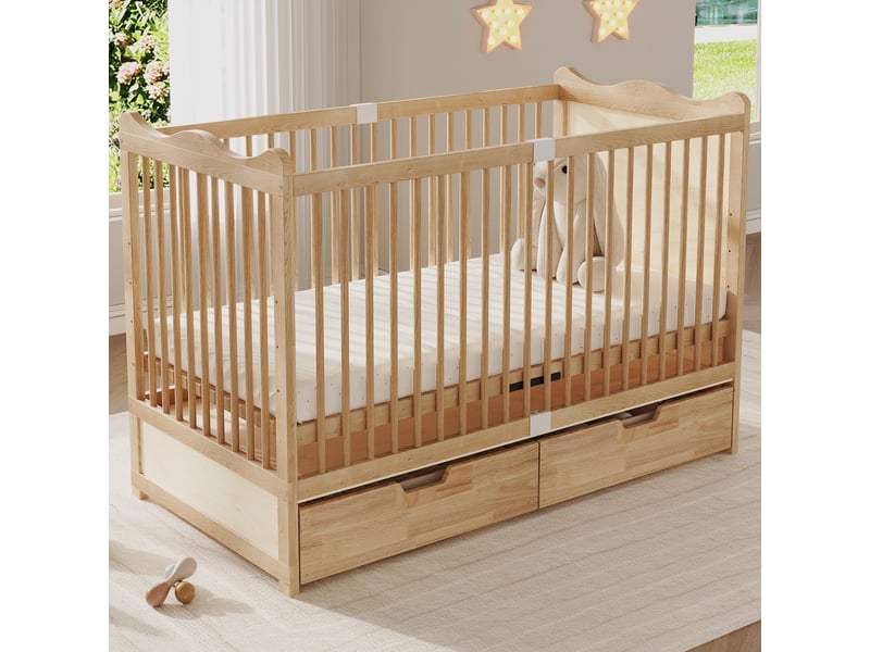  Lit bébé à barreaux 70x140 cm en bois de pin massif avec tiroirs de rangement, couleur naturelle  - Conforama E