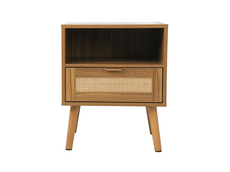 Table de chevet avec 1 tiroir et niche ouverte, style bohème en mdf et rotin noyer pour chambre, 45 × 40 × 55 cm - Conforama A