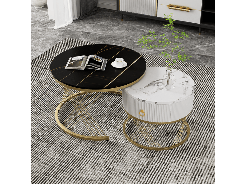 Tables basses gigognes avec 1 tiroir et pieds réglables, effet marbre et détails dorés, en mdf, noir - uvrion - Conforama B