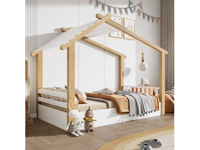  Lit enfant simple maison blanc et naturel 90 x 190 cm  - Conforama B