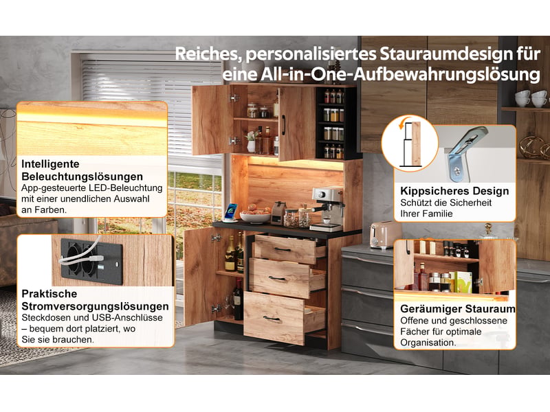 Buffet de cuisine 180x105x40 cm, haute armoire rangement avec tiroirs, étagères modulables, plan de travail noir et prises usb pour organisation optimale. - Conforama D