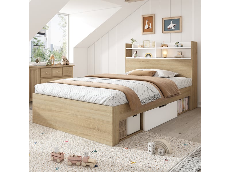  It simple 90 x 200 cm blanc et effet chêne avec tête de lit étagère, 2 tiroirs sur roulettes, niches ouvertes et rangement gain de place  - Conforama C