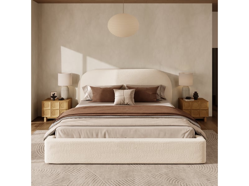 Lit double 180x200 cm en bouclé beige avec tête arrondie Fay Lum - Conforama D