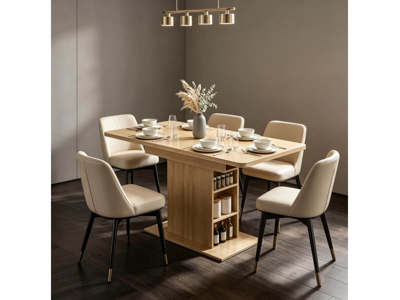  Table à manger extensible rectangulaire avec 6 étagères ouvertes, 110 à 130 cm, 4 à 6 personnes, effet bois naturel  - Conforama B