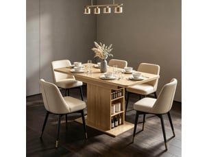 Table à manger extensible rectangulaire avec 6 étagères ouvertes, 110 à 130 cm, 4 à 6 personnes, effet bois naturel