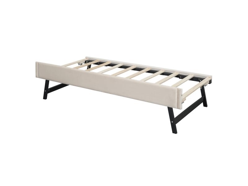 Lit gigogne 90 x 200 cm beige en velours, avec sommier à lattes et couchage d'appoint sur roulettes - Conforama E