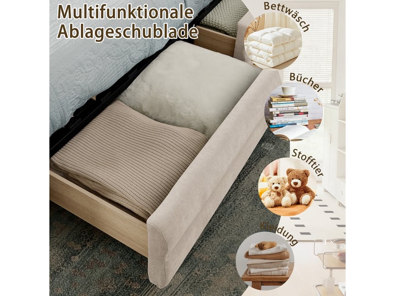  Lit 140x200 cm avec tête de lit en chenille, lit enfant avec sommier à lattes, lit 2 personnes avec prise usb, beige  - Conforama E