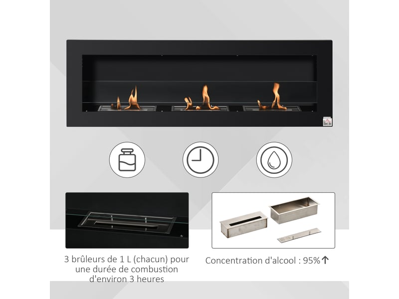  Cheminée bioéthanol murale encastrable 3 brûleurs 3 l au total, environ 3 h durée de combustion acier inox noir  - Conforama E
