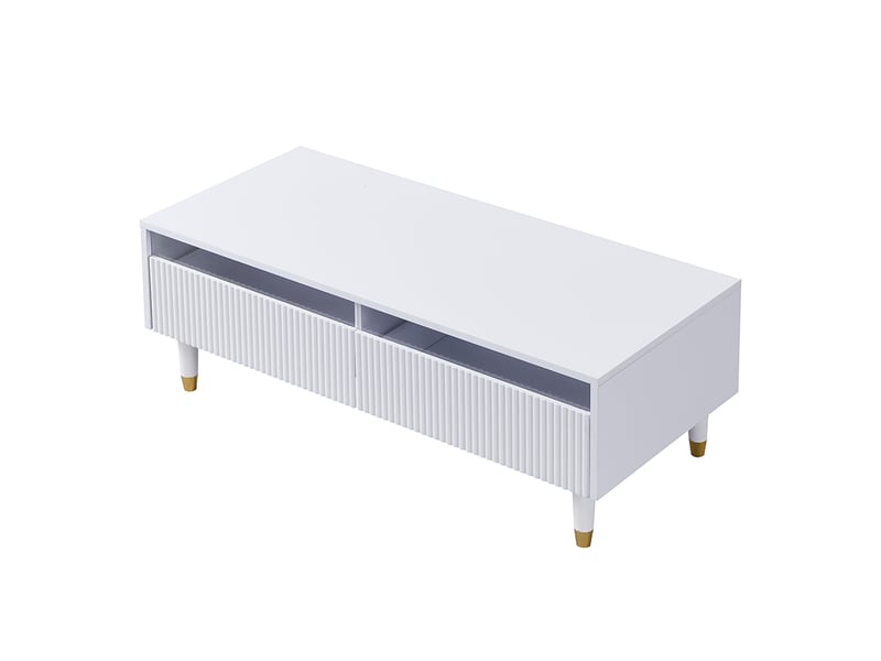 Table basse 110x50x40 cm avec led par application et 2 tiroirs, façades ondulées et pieds en bois massif, mdf, blanc et doré ABC - Conforama A