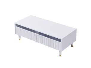 Table basse 110x50x40 cm avec led par application et 2 tiroirs, façades ondulées et pieds en bois massif, mdf, blanc et doré