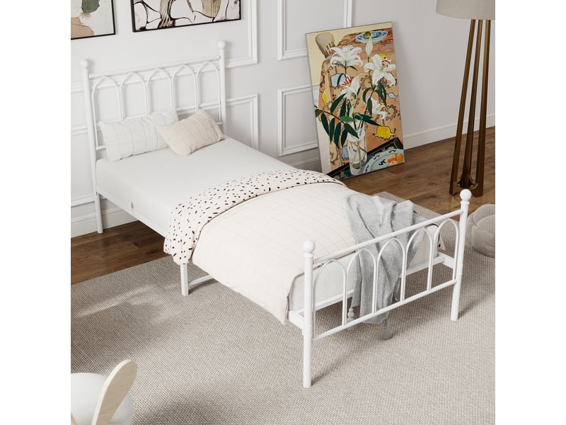  Lit simple 90 × 200 cm 1 place avec rangement sous le lit, sans matelas, en métal, blanc style industriel  - Conforama B